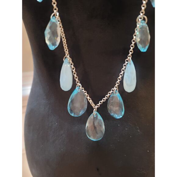 Womens Long Silver Chain Necklace With Blue Teardrop Crystal Charms Lobster Lock - Picture 3 of 7